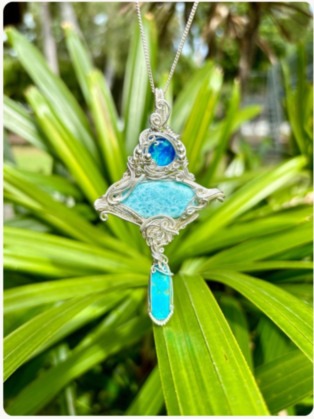 Silver, Larimar, Chrysocolla, Aurora Opal Pendant Necklace